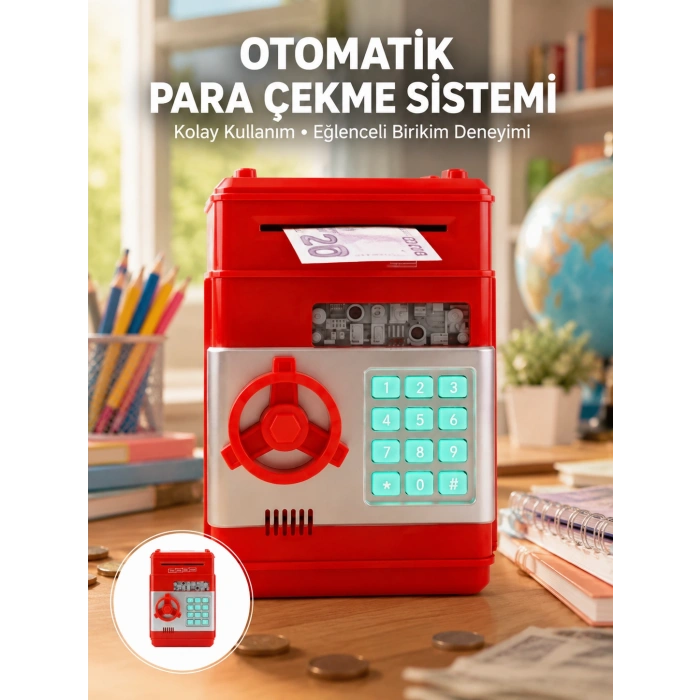 Kırmızı Şifreli Atm Kasa Para Yutan Kumbara