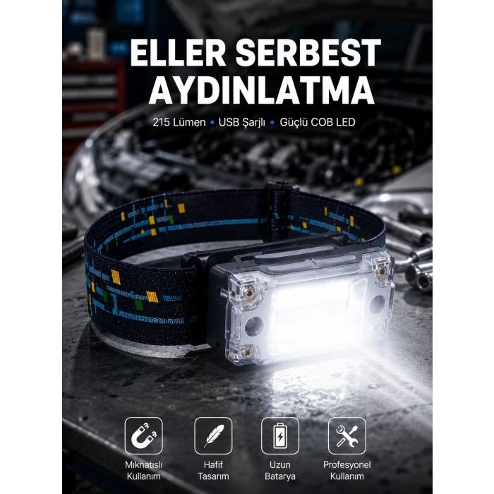 Kompakt Led Kafs Feneri Usb Şarjlı Manyetik 2 Işık Modlu 215 Lümen Yeni Nesil