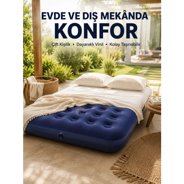 Konforlu Çift Kişilik Şişme Yatak Flokeli Yüzey Dayanıklı Gövde
