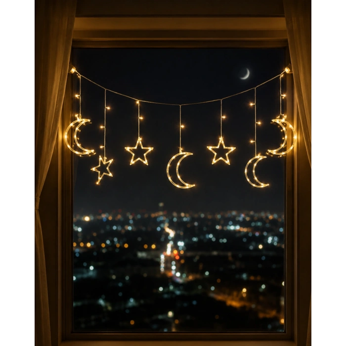 Led Işıklı Ay Yıldız Ramazan Dekoru İç Mekan Süsleme Aydınlatması