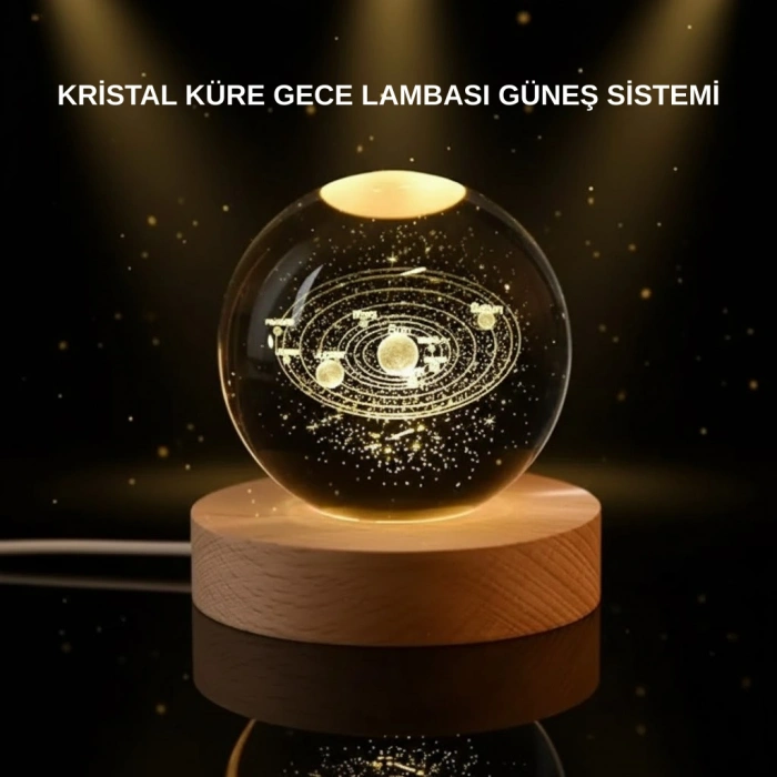 Led Işıklı Kristal Küre Ahşap Standlı Dekoratif Gezegen Model