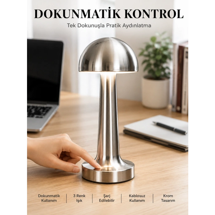 Mantar Masa Lambası Dokunmatik 3 Renk Işık Şarjlı Kablosuz Modern Krom Tasarım Yeni Nesil