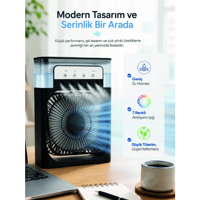 Masaüstü Püskürtmeli Serinletici Fan 5 Sisleme, 3 Fan Hızı, 7 Renk Ambiyans Işığı