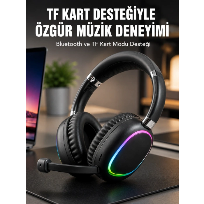 Mikrofonlu Bluetooth Kulak Üstü Kulaklık Rgb Aydınlatmalı Type-c Şarjlı