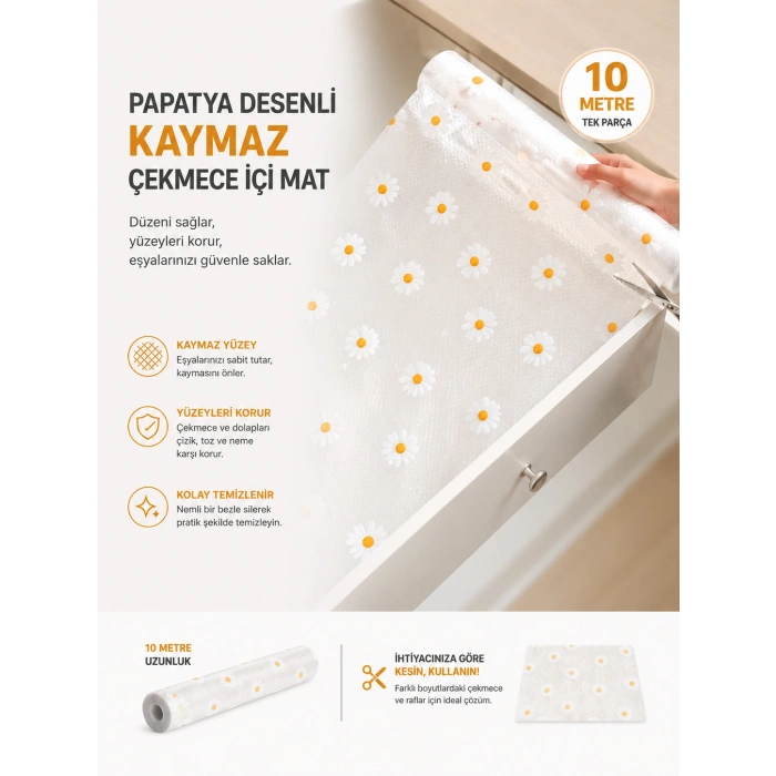 Papatya Desenli Kaymaz Dolap Ve Çekmece İçi Mat 10 Metre