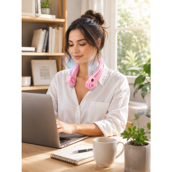 Pembe Boyun Fanı Sessiz Çalışan Usb Şarjlı Taşınabilir Kişisel Serinletici