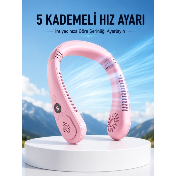 Pembe Taşınabilir Boyun Fanı Ergonomik Tasarım Çok Kademeli Hava Akışı