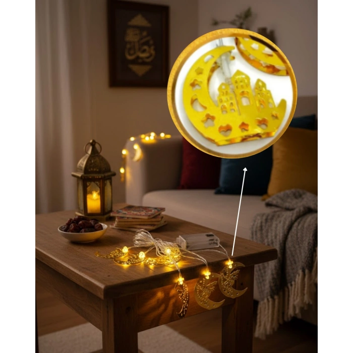 Pilli Minareli Hilal Led Işık Gold Metal Ramazan Dekorasyonu