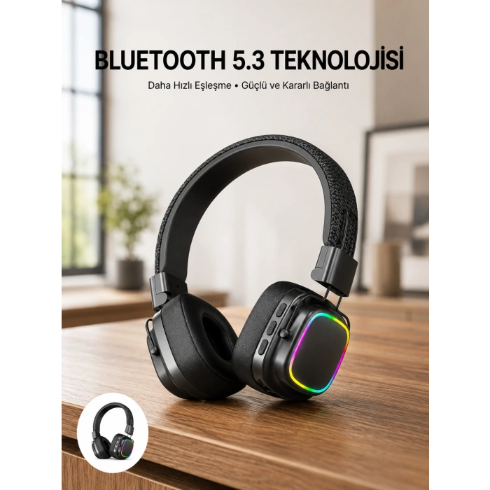 Renkli Işık Efektli Bluetooth 5.3 Müzik Kulaklığı Yeni Nesil