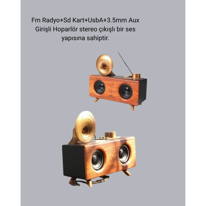 Retro Gramafon Bluetooth Hoparlör Çift Stereo Sesli Fm Radyo Destekli