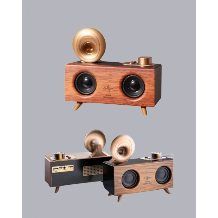 Retro Gramafon Bluetooth Hoparlör Çift Stereo Sesli Fm Radyo Destekli
