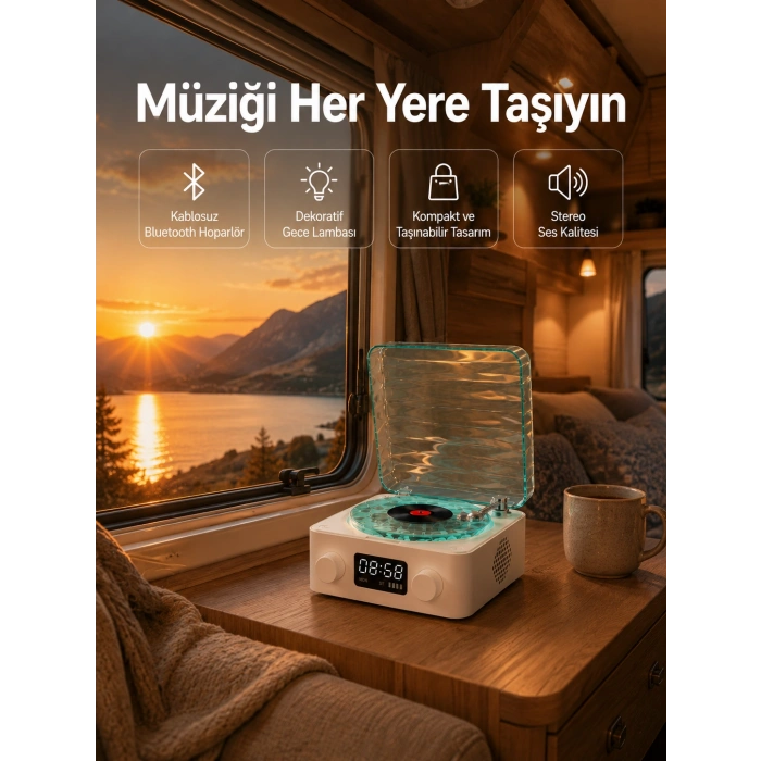 Retro Tasarımlı Gece Lambalı Bluetooth Hoparlör – Saat Ve Pil Göstergeli