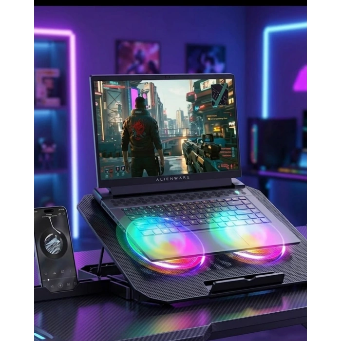 Rgb Işıklı Laptop Soğutucu Stand Çift Fanlı Sessiz Çalışan Ayarlanabilir