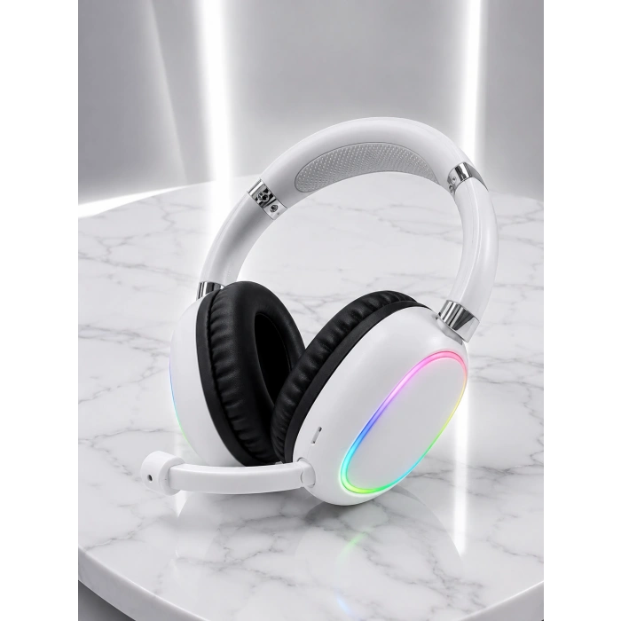 Rgb Işıklı Mikrofonlu Bluetooth Kulaklık Beyaz Over-ear Tasarım Type-c Şarjlı