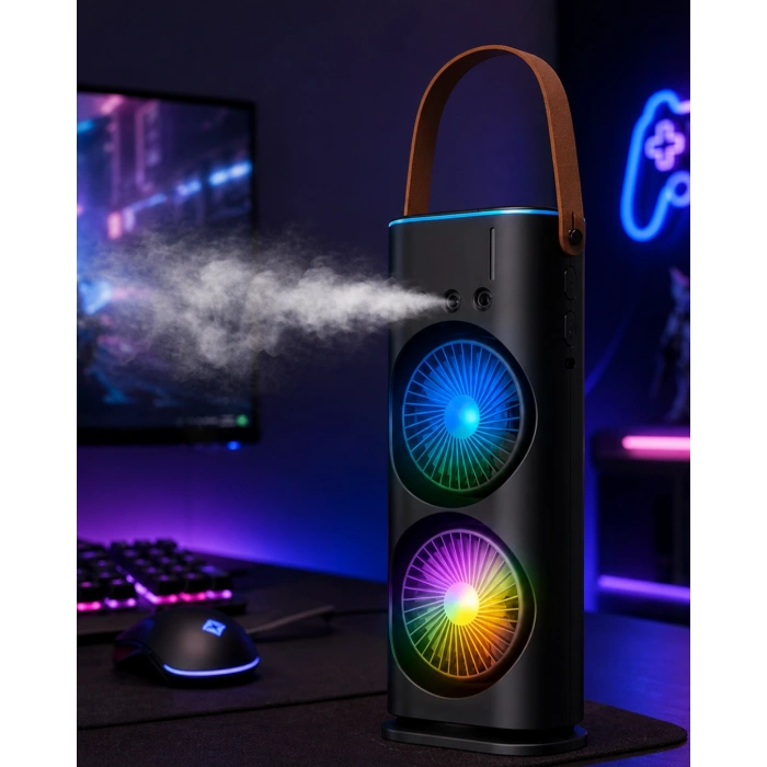 Rgb Işıklı Spreyli Masa Fanı Çift Motorlu Güçlü Üflemeli Taşınabilir Fan
