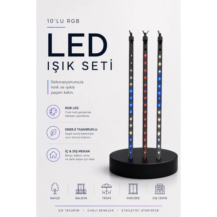 Rgb Led Dış Ve İç Mekan Süsleme Işığı 10 Çubuklu Şerit