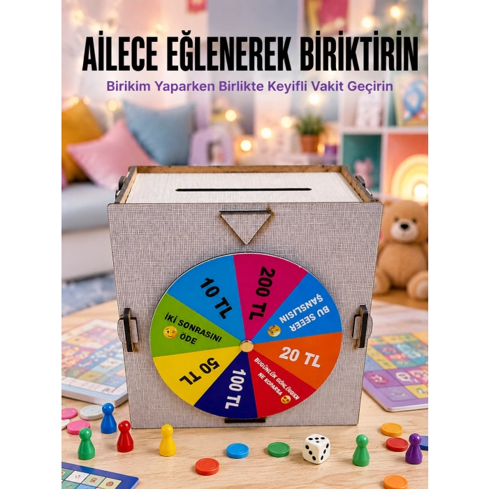 Şans Çarklı Para Biriktirme Kutusu Eğlenceli Tasarruf Challenge Ahşap Hedef Kumbarası