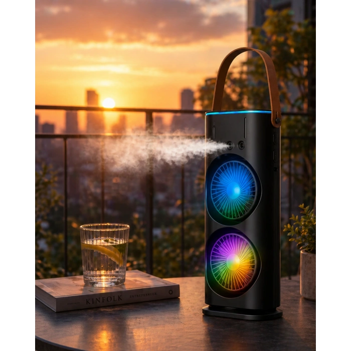 Şarjlı Buharlı Serinletici Fan Rgb Işıklı Çift Pervaneli Masa Fanı