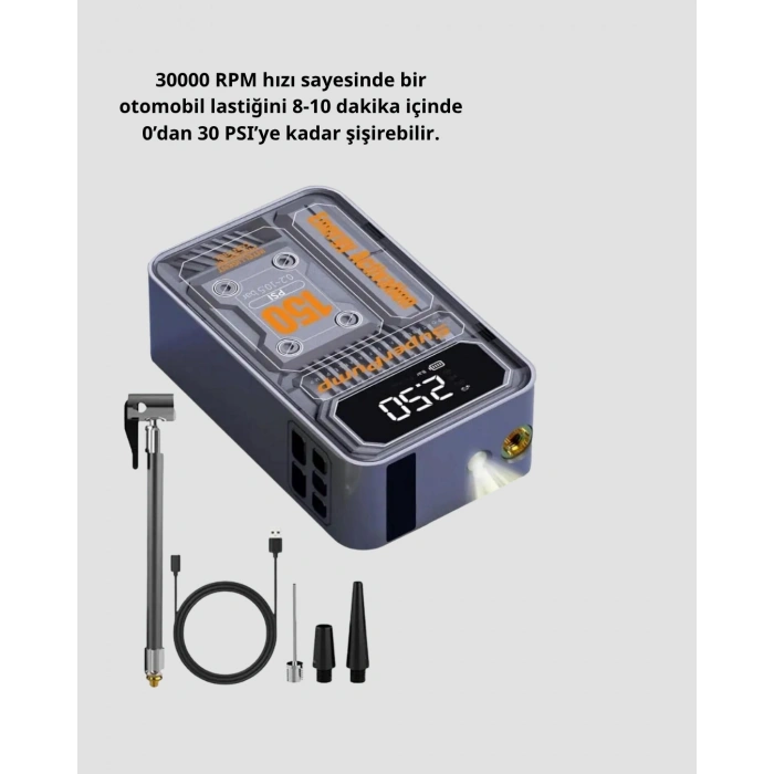 Şarjlı Kablosuz Hava Pompası – 150 Psı Basınç, Led Ekran Ve 6000mah Batarya