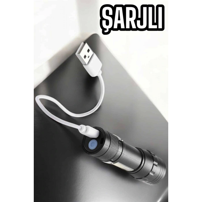 Şarjlı Metal Zoomlu El Feneri Işıldak Led Işık Taşınabilir El Lambası