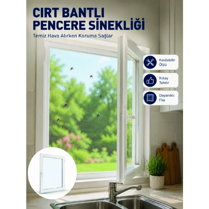 Şeffaf File Yapılı Cırt Bantlı Pencere Sinekliği Pratik Kullanım