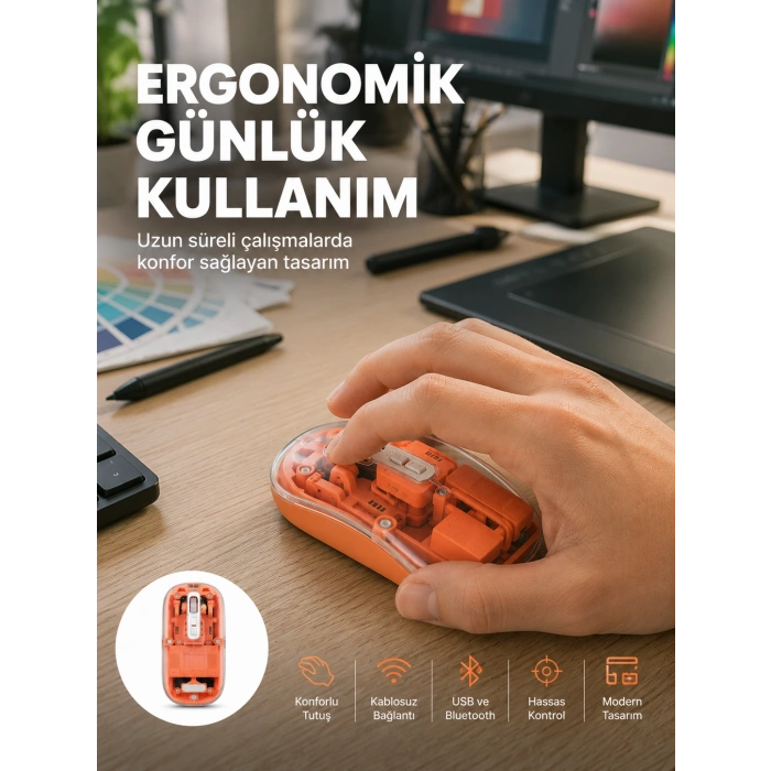 Şeffaf Kablosuz Mouse Bluetooth Bağlantılı Sessiz Tıklama Yeni Nesil