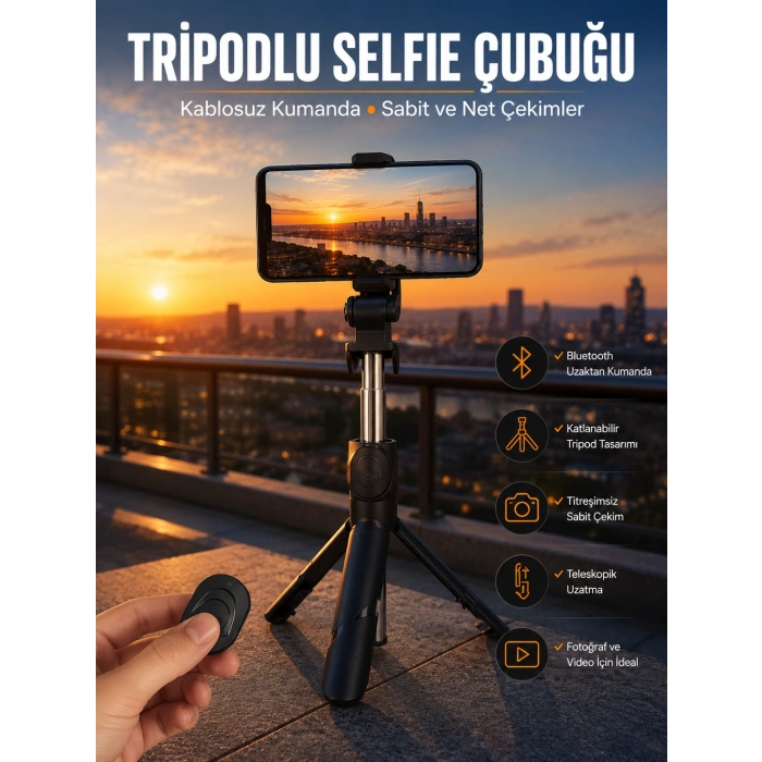 Selfie Çubuğu Tripod Kumandalı Telefon Tutucu Siyah