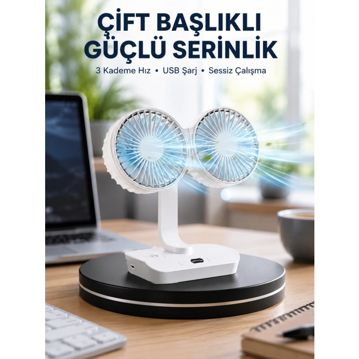 Sessiz Çalışan Usb Şarjlı Çift Kafalı Masaüstü Fan – Ev Ve Ofis İçin