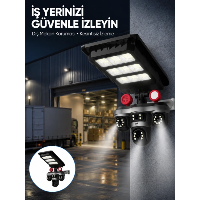Solar Panelli 3 Lens Dış Mekan Güvenlik Kamerası Hareket Algılamalı Led Aydınlatmalı