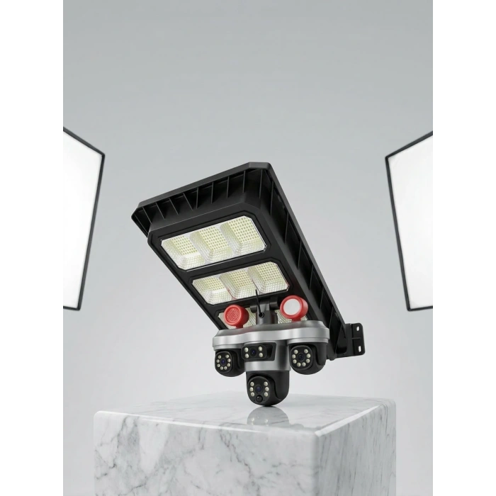 Solar Panelli 3 Lens Dış Mekan Güvenlik Kamerası Hareket Algılamalı Led Aydınlatmalı