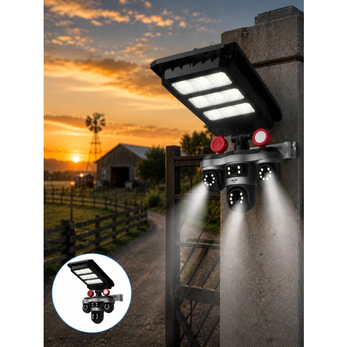Solar Panelli 3 Lens Dış Mekan Güvenlik Kamerası Hareket Algılamalı Led Aydınlatmalı