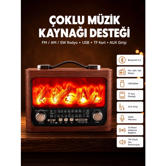 Solar Panelli Alev Işıklı Bluetooth Hoparlör – Çoklu Giriş, Uzun Pil Ömrü