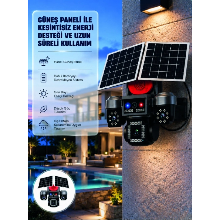 Takip Özellikli 4 Kameralı Güneş Panelli Güvenlik Kamera Sistemi