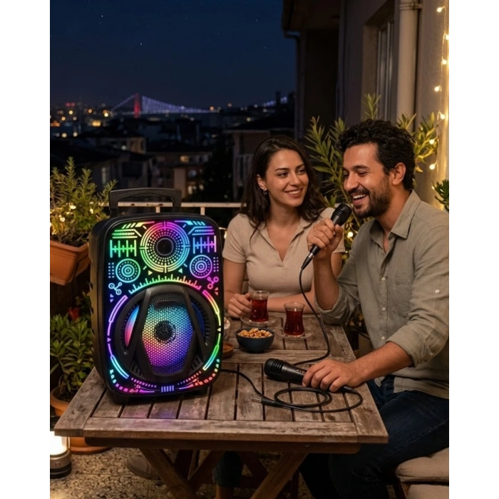 Taşınabilir Bluetooth Speaker Mikrofonlu Rgb Işıklı Karaoke Ses Sistemi