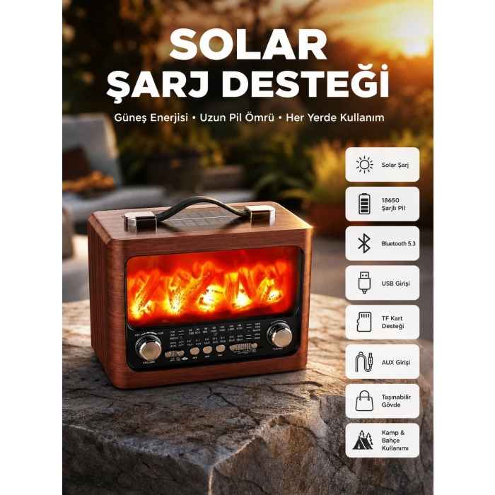 Taşınabilir Şömine Görünümlü Bluetooth Hoparlör – Solar Şarjlı, Alev Işıklı, 7w Ses