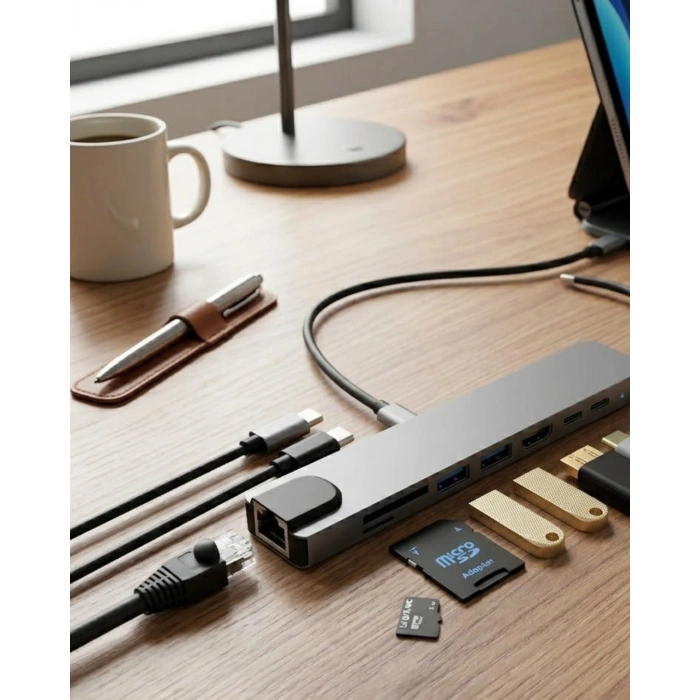 Type C Çoklu Port Hub 8 Port Usb Hdmı Sd Kart Ethernet Adaptör
