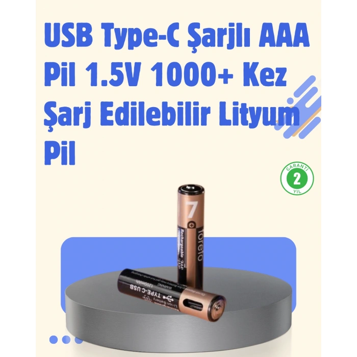 Usb Type-c Şarjlı Aaa Lityum Pil 1000+ Şarj Döngüsü İle Uzun Ömür