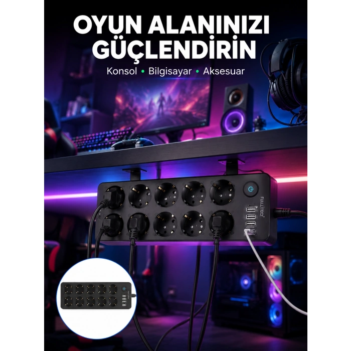 Usb Ve Type-c Çıkışlı 10lu Akım Korumalı Çoklu Priz Güç Dağıtıcı