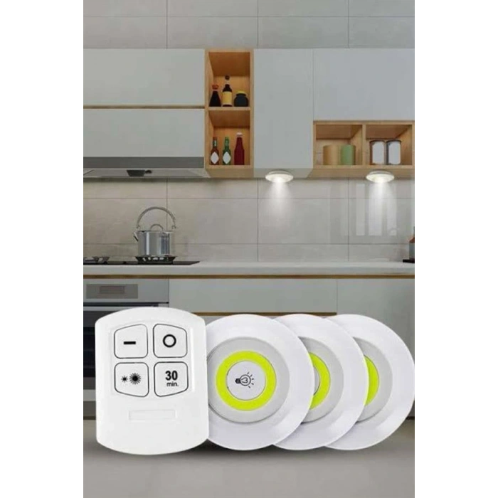 Yapışkanlı 3lü Spot Led Işık Lamba Montajsız Pilli Uzaktan Kumandalı