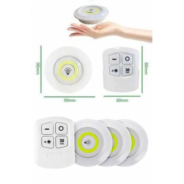 Yapışkanlı 3lü Spot Led Işık Lamba Montajsız Pilli Uzaktan Kumandalı