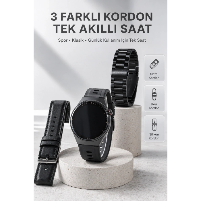 Yeni Nesil Akıllı Saat Bluetooth Görüşme, Sağlık Takibi, Amoled Ekran Ve 3 Kordon Seti