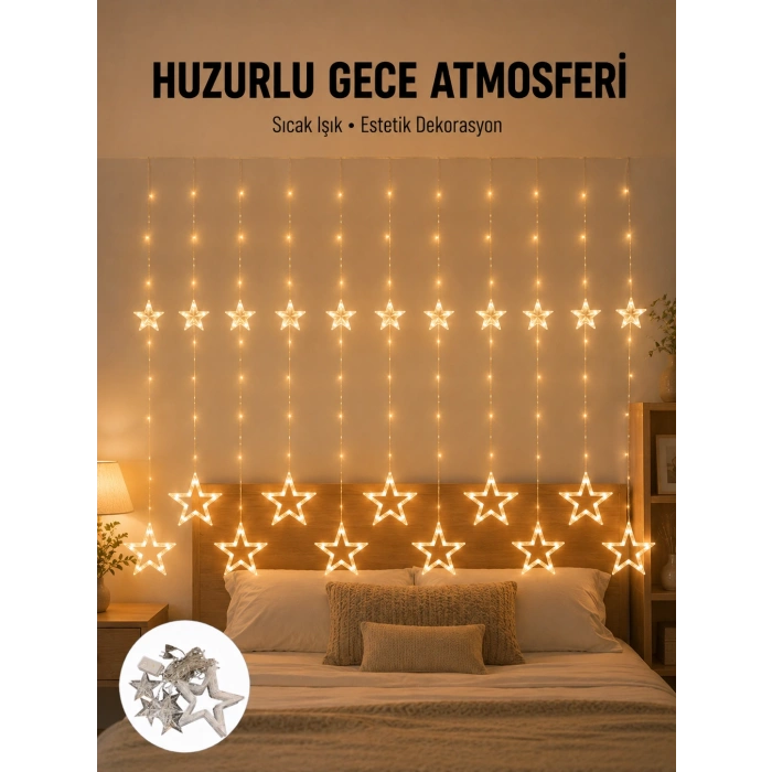 Yıldız Desenli Perde Tipi Peri Led 3x3 Metre Aydınlatma Yeni Nesil