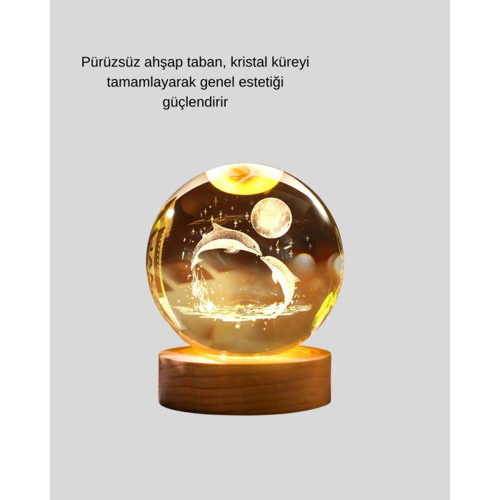 Yunus Temalı Kristal Küre Usb Işıklı Ahşap Altlıklı Gece Lambası