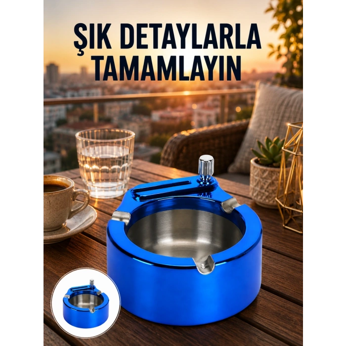 Yuvarlak Metal Küllük Çakmak Entegreli Dayanıklı Yapı Yeni Nesil