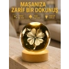 Bitki Temalı Led Işıklı Cam Küre Ahşap Standlı Modern Gece Lambası