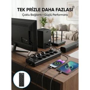 10 Prizli Usb Destekli Çoklu Priz Type-c Şarj Girişli Güvenli Güç Ünitesi