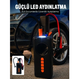 10000mah Şarjlı Araç Kompresörü Akü Takviye Cihazı Powerbank Özellikli Dijital Lastik Şişirme Pompası