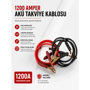 1200 Amper Akü Takviye Kablosu 2 Metre Bakır Uçlu