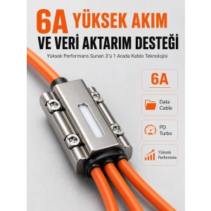 120w Hızlı Şarj Destekli 3ü 1 Arada Çok Amaçlı Şarj Ve Veri Aktarım Kablosu