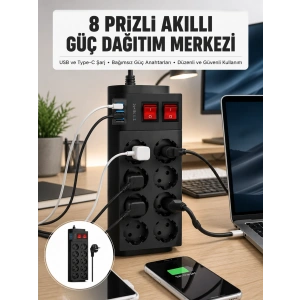 2 Metre Güçlü Çoklu Priz 8 Soket Yeni Nesil